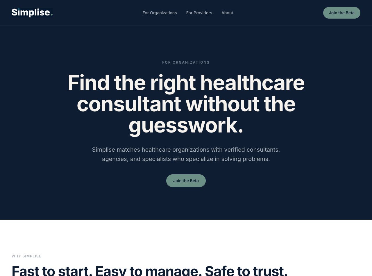 Screenshot of the Simplise For Organizations page
